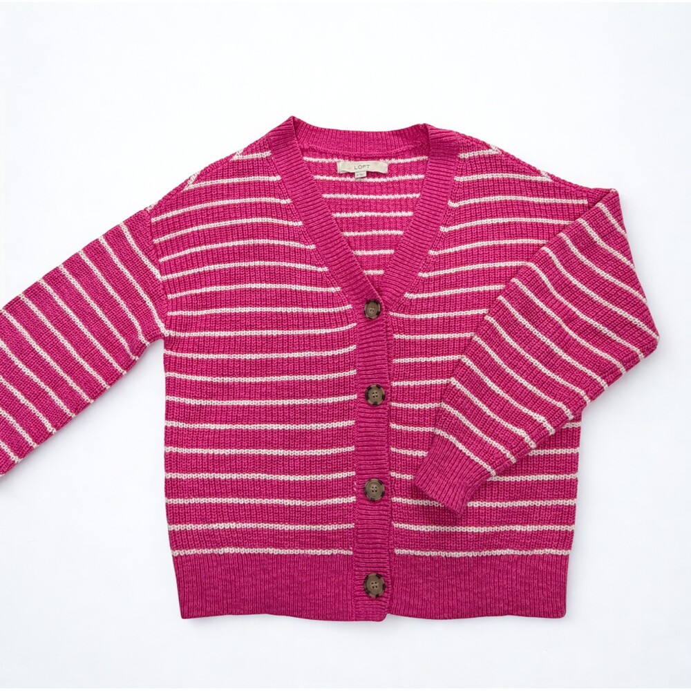LOFT Cardigan Sweater Sz M Hot Pink & White Stripe Gently Worn Spring/Summer